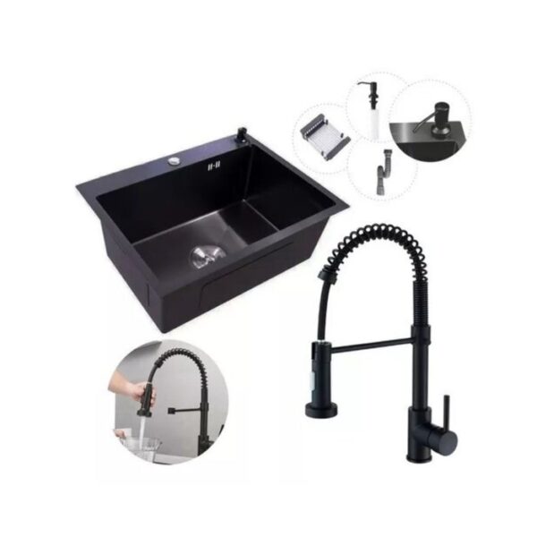 Kit Cuba Inox Gourmet Cozinha Pia com Acessórios + Torneira Monocomando Flexível Extensível Preto PRETO