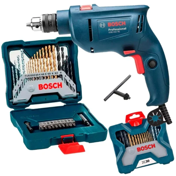 Furadeira Industrial Impacto 3/8 Reversão 450W gsb 450RE + Estojo 30 Peças X-Line bosch