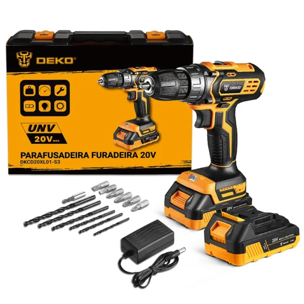 Parafusadeira Furadeira 3/8 Pol. 20V com 2 Baterias Carregador e Maleta com Acessórios – DEKO-DKCD20XL01-S3
